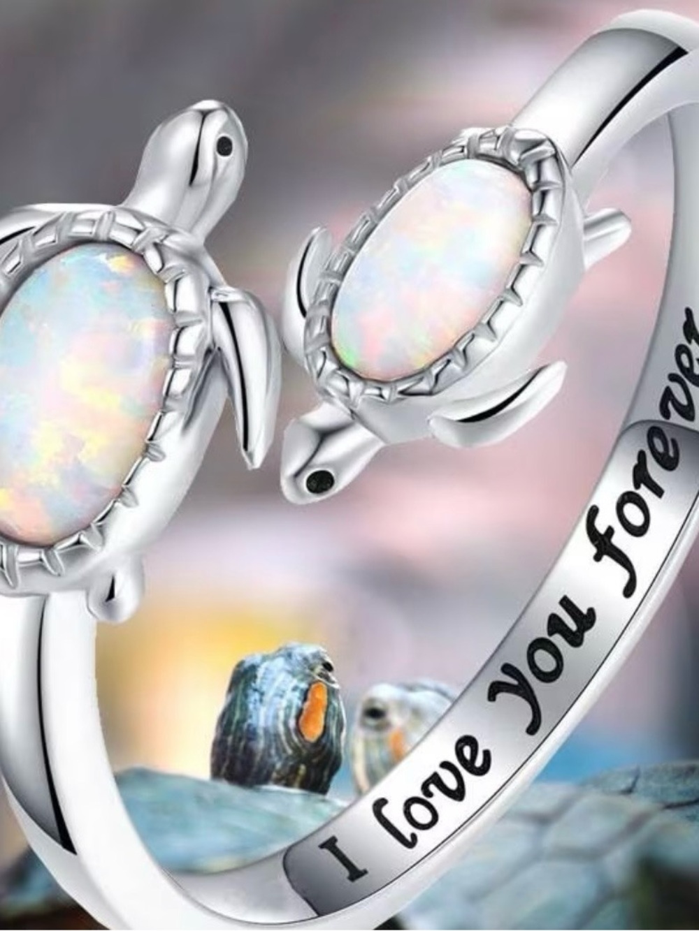 Opal Turtle Open Ring - Silver Tone - I Love You Forever - Picture 2 of 3